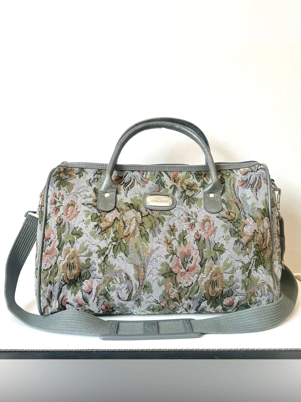Vintage Jordache Floral Tapestry Duffel Bag in Gray with Pink and Olive Accents